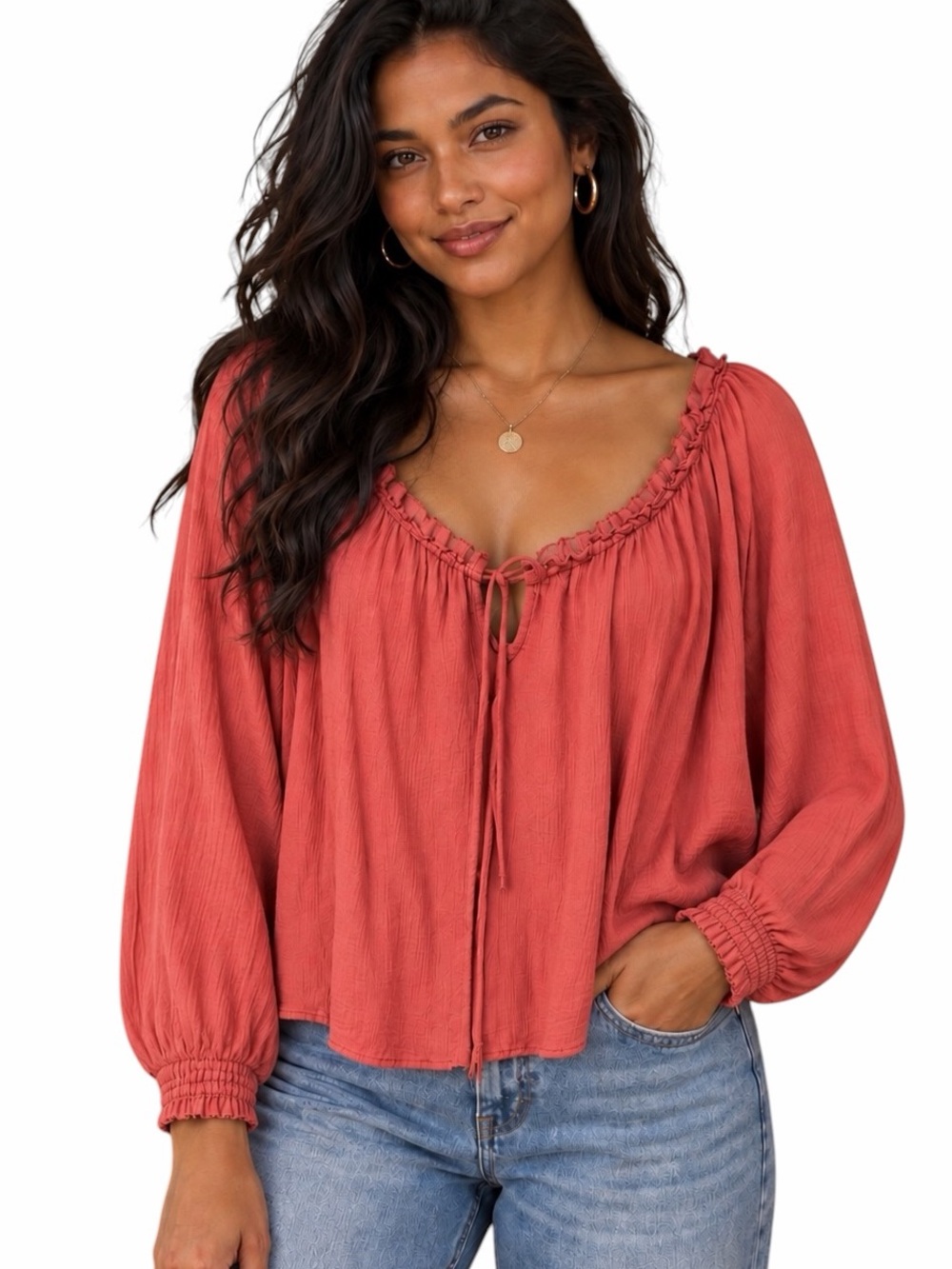 Free People Medium Rust/Coral Wide Scoop Neckline Flowy Boho Blouse